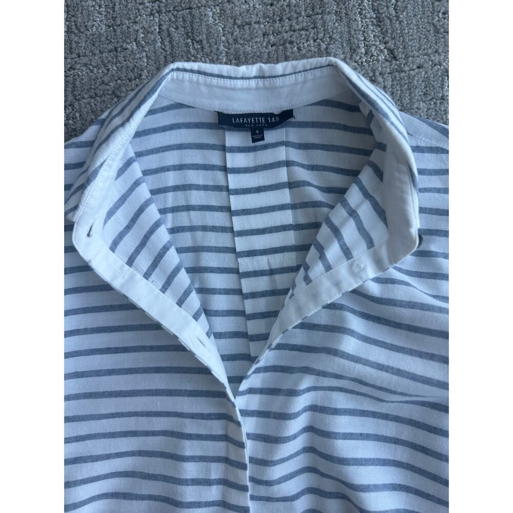 Lafayette 148 New York Button Down White Blue Stripe Tunic Small S Cotton Linen - Picture 8 of 10